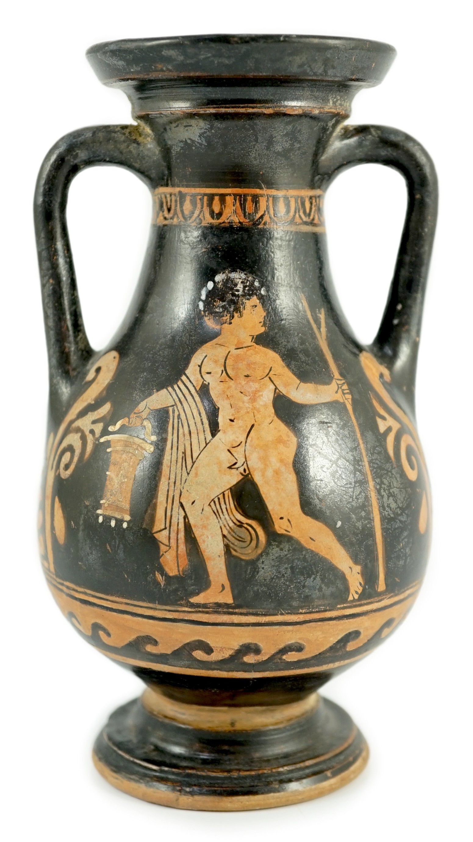 An Apulian red figure Pelike, 4th century BCE., 15.3cm high, restored